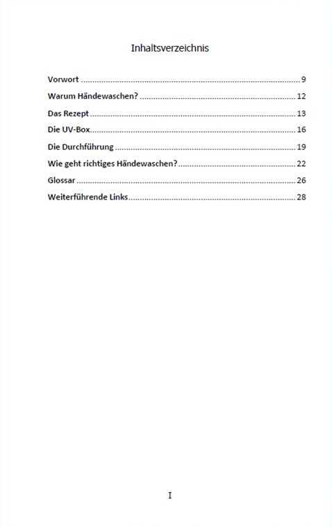 Inhaltsverzeichnis des Buches Handhygiene kinderleicht - Ein Experiment für Zuhause, Kindergarten und Schule.