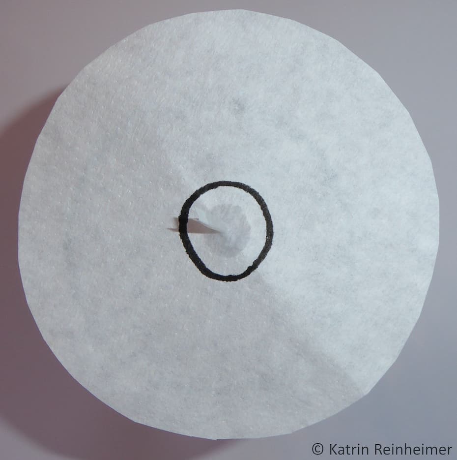 Das Filterpapier saugt sich langsam voll Wasser. Hier siehst du, wie sich das Filterpapier mit Wasser vollsaugt.