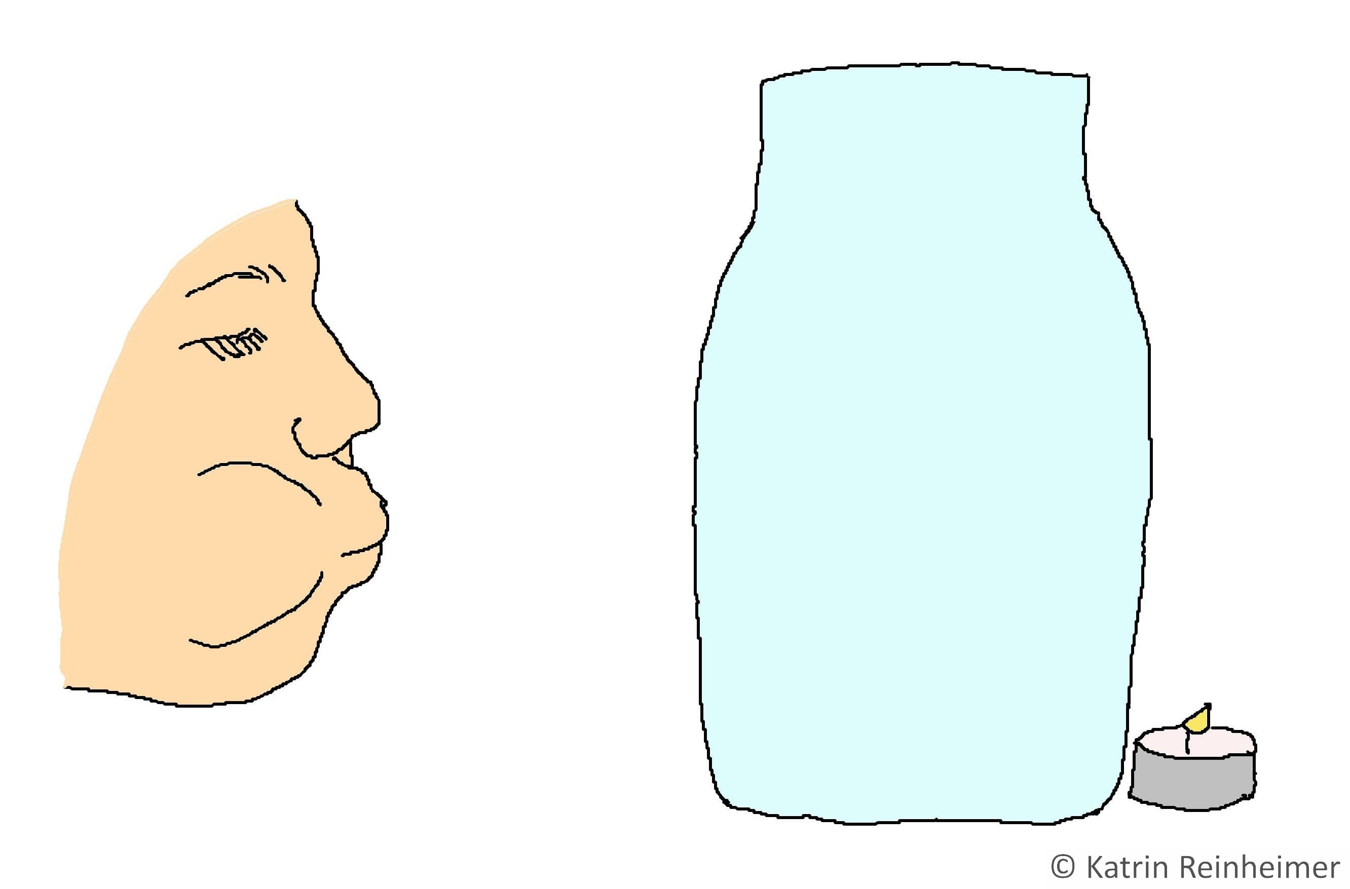 Positioniere eine Kerze hinter einer Flasche und puste auf der gegenüberliegenden Seite gegen die Flasche Positioniere eine Kerze hinter einer Flasche und puste auf der gegenüberliegenden Seite gegen die Flasche