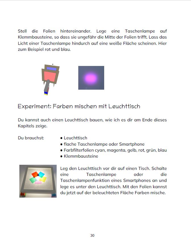 Seite 30 des Buches Spannende Experimente für junge Forscherinnen und Forscher Band 1: Licht, Farbe und Optik.