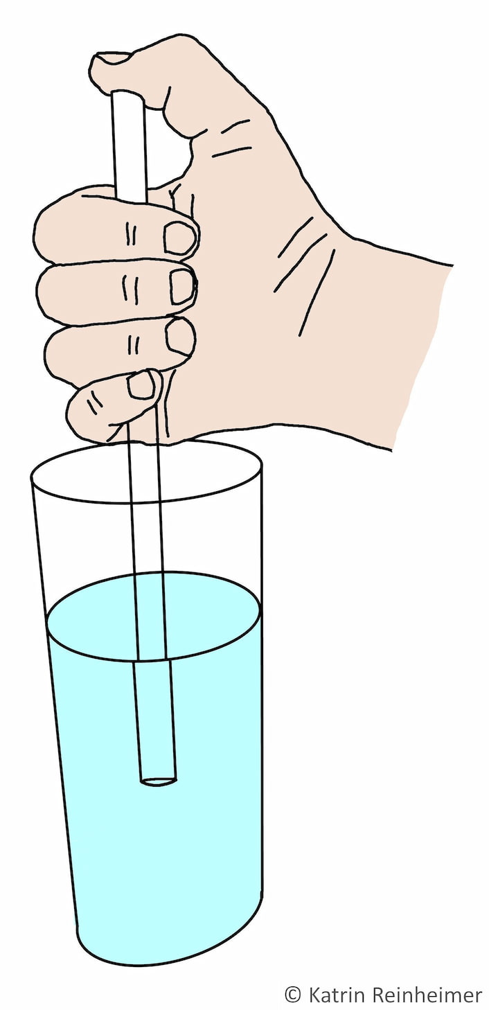 Tunke den Trinkhalm in ein Glas Wasser. Verschließe die Öffnung mit dem Daumen.