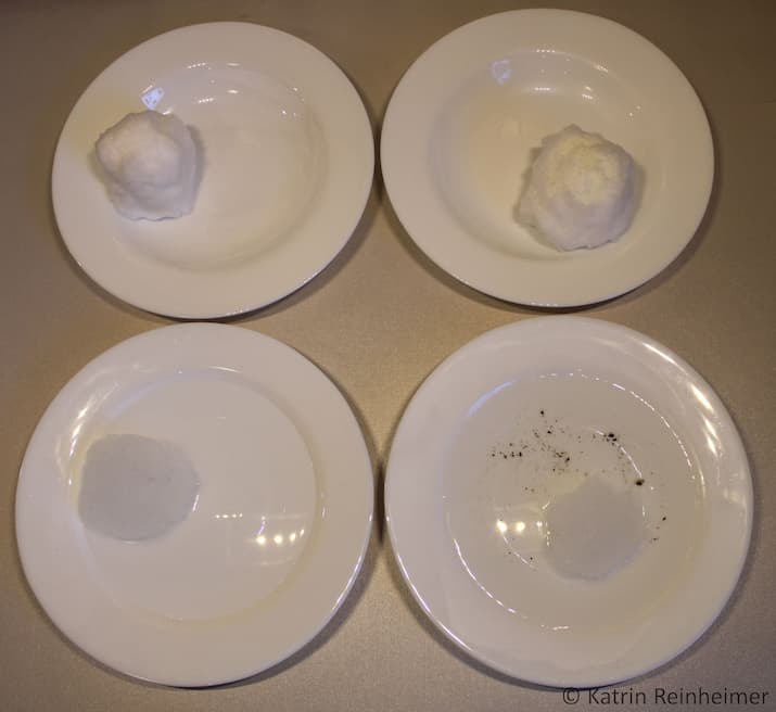 Experiment zum Schmelzen von Schnee Links oben: Schnee, rechts oben: Schnee mit Salz, links unten: Schnee mit kaltem Wasser, rechts unten: Schnee mit heißem Wasser.