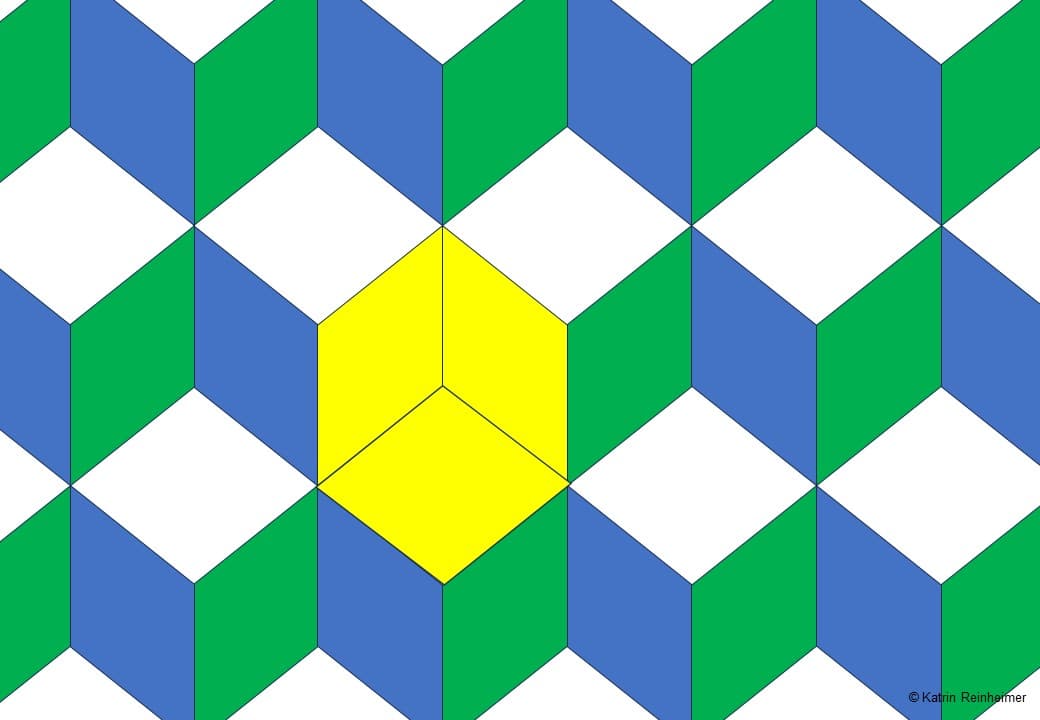 Optische Täuschung mit aneinandergereihten Tripelspiegeln. Optische Täuschung mit aneinandergereihten Tripelspiegeln. Ein Tripelspiegel ist gelb markiert.